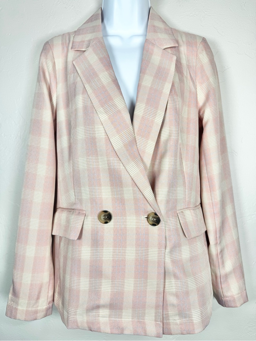 Hem & Thread Pink and Cream Plaid Double-Breasted Blazer Size Small - Picture 3 of 13